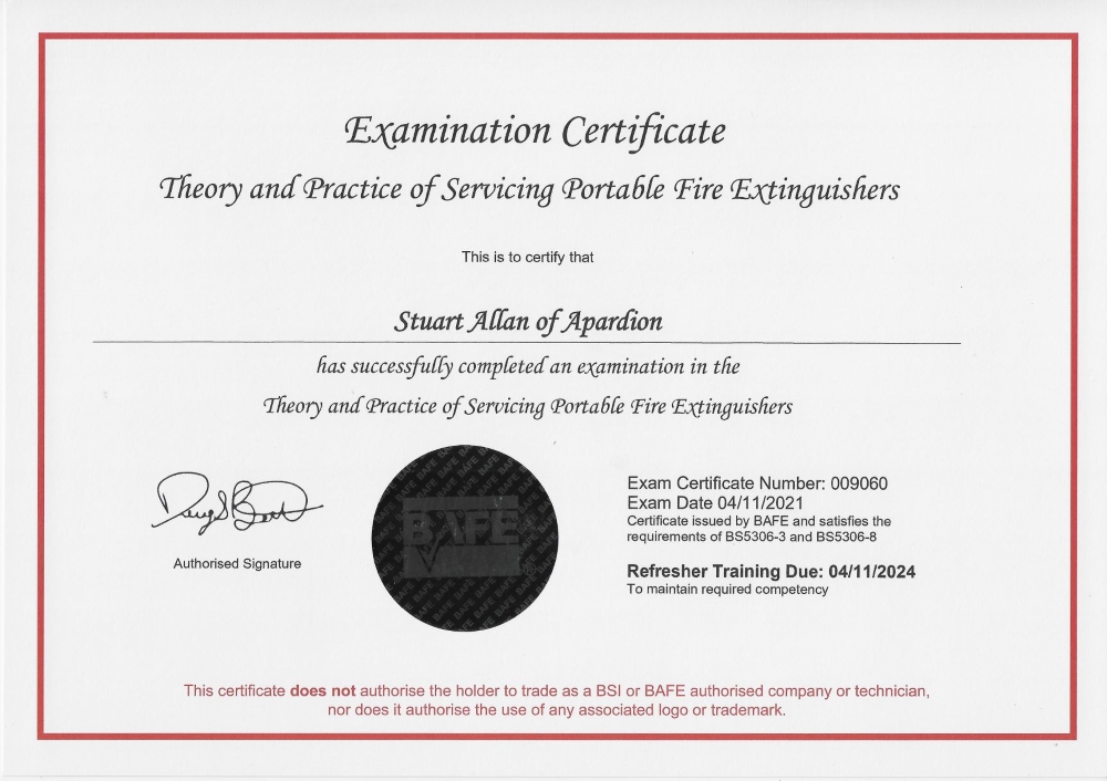 Servicing Portable Fire Extinguishers certificate