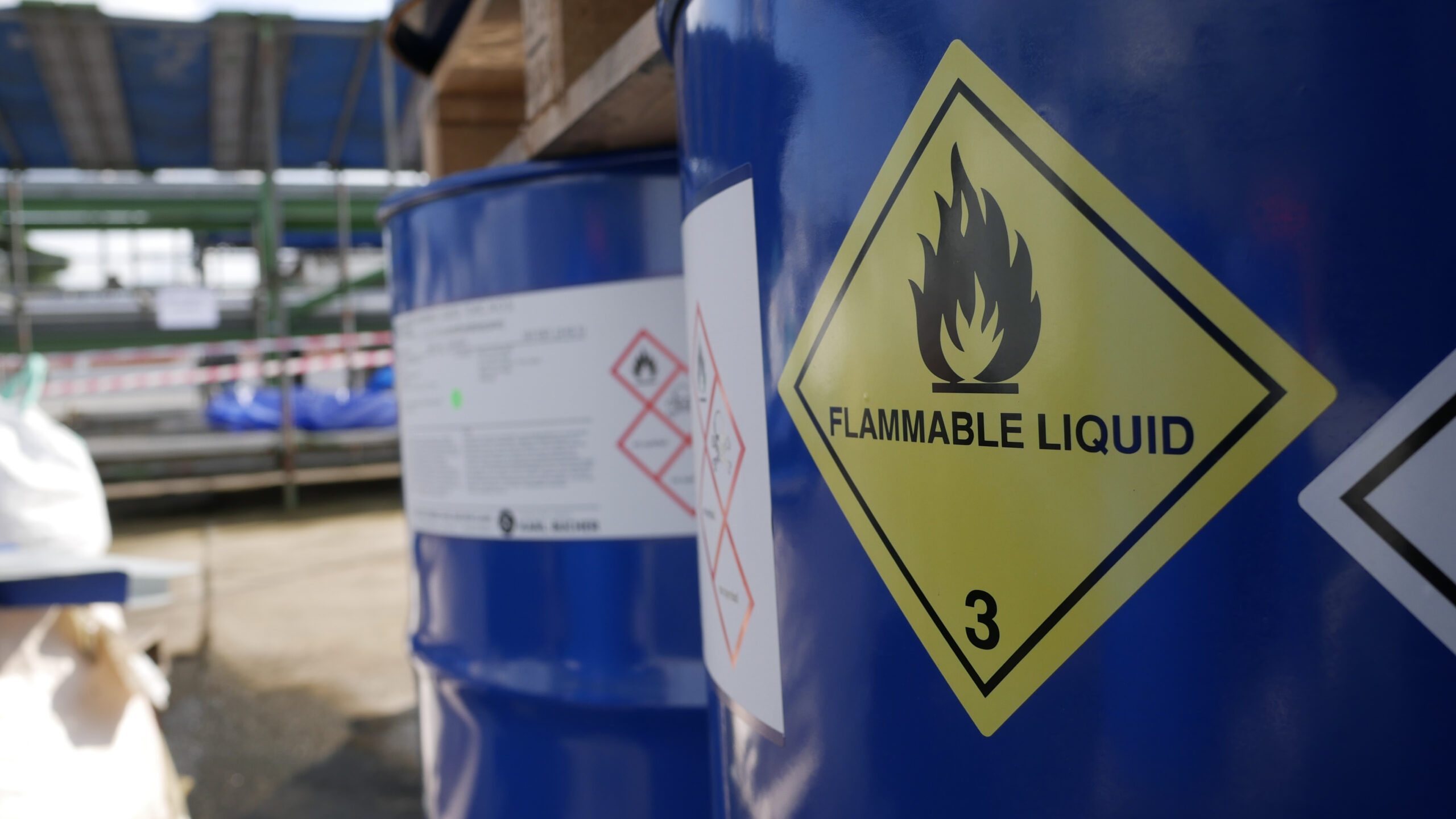 Close up of barrels of flammable liquid