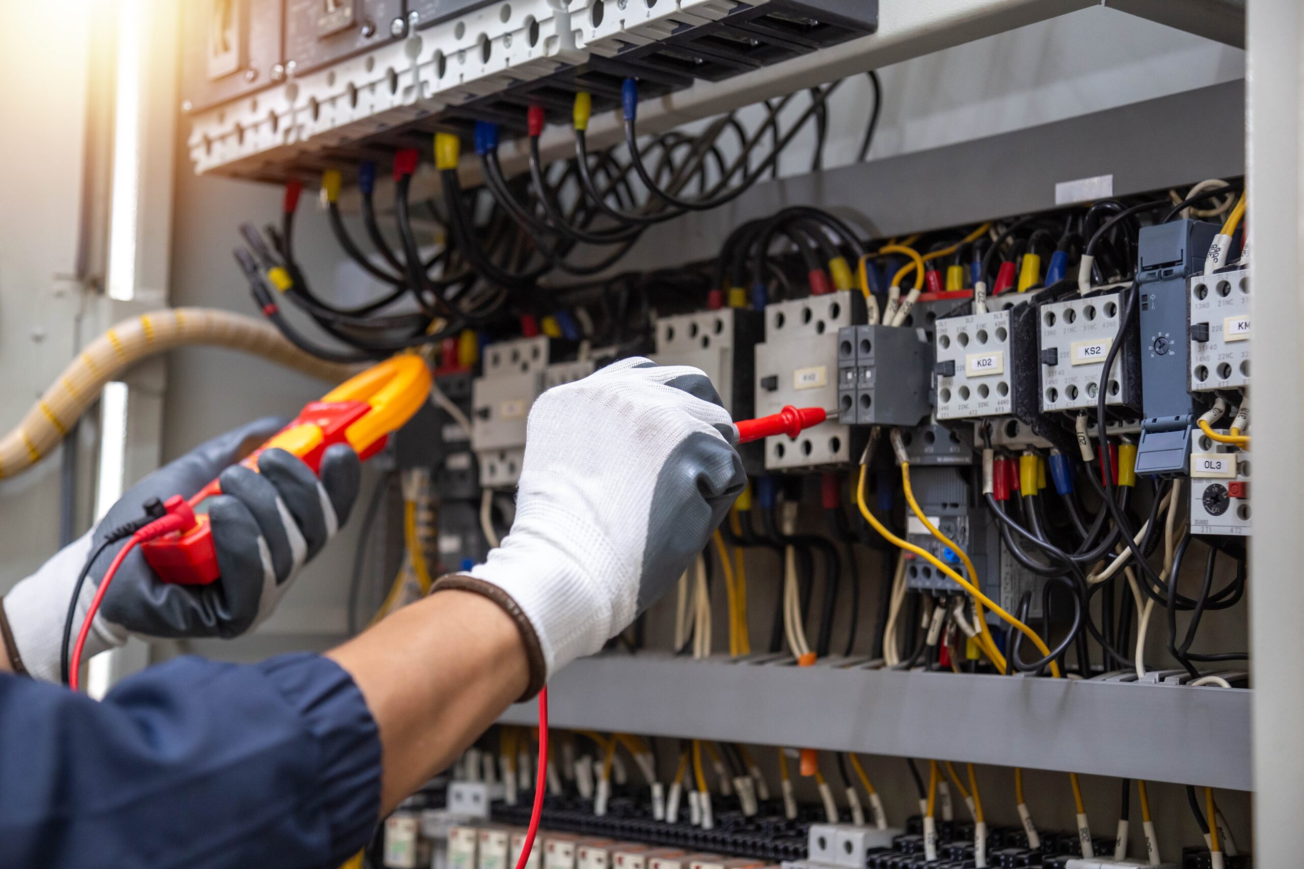 Electrician using electric meter to check the electrical system at control cabinet.